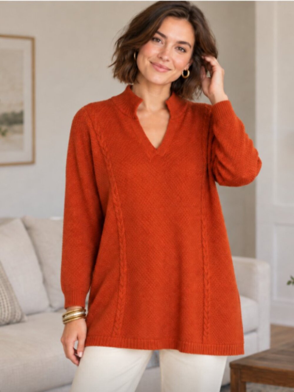 Moda Spiegel Vtg Women’s Burnt Orange Rayon Cotton Cable Knit Collared Sweater L